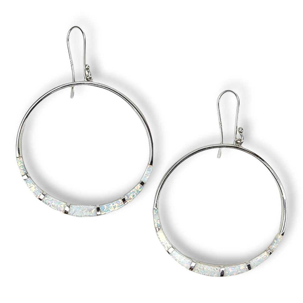 Sterling Silver 925 Southwestern Faux Opal Channel Inlay Large Hoop Earrings - Picture 7 of 9